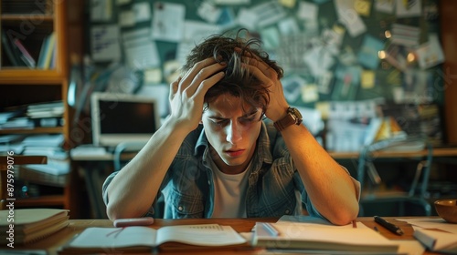 A stressed individual overwhelmed by study or work pressure, depicting acute stress disorder and emotional breakdown in a high-pressure academic or professional environment