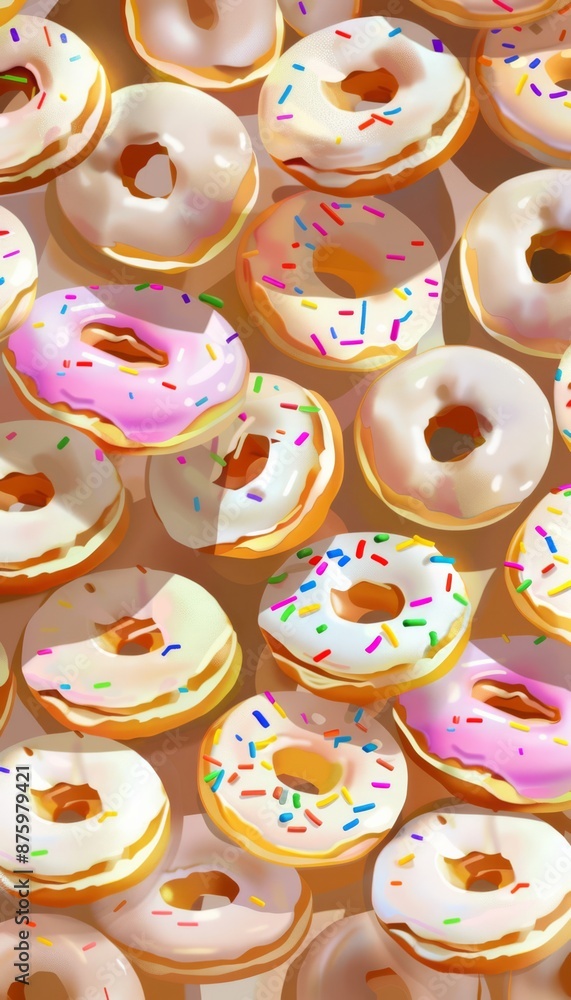 Fototapeta premium Lots of donut sweets photo drawing realistic phone wallpaper vanilla white donuts 64k iso 800 vanilla sweets
