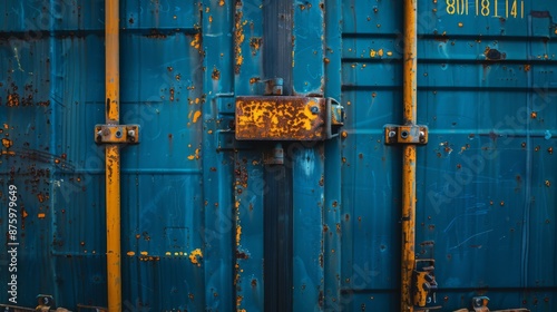 Corporate navy blue tones lifestyle orange and yellow accents character new cargo container with new door lock no rusted