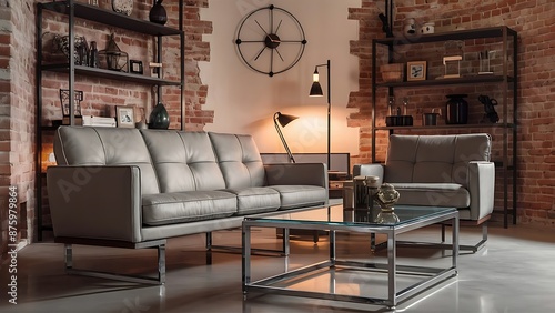 wall of scandinavian living room with modern couch, metal shelves and industrial coffee table