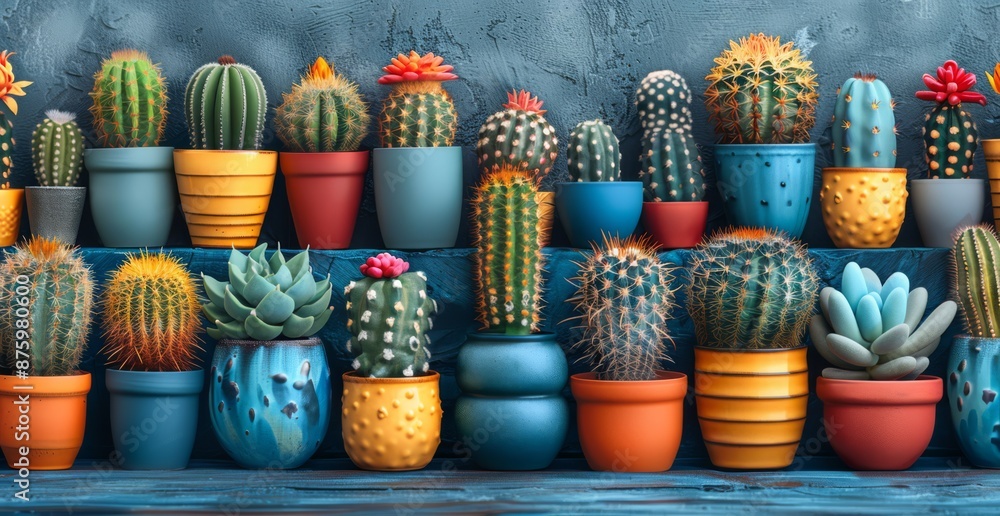 Arrangement of cacti placed in its own stylish pot, illustration style Arrangement of cacti placed in its own stylish pot, illustration style