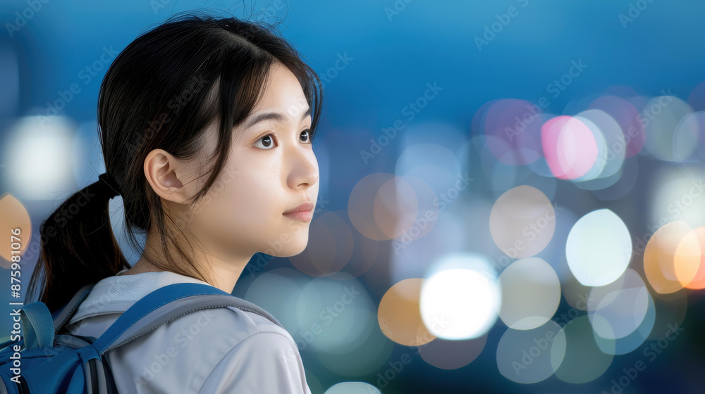 A young Asian woman checking train timetable against a city night backdrop, lights softly glowing in the background. A young Asian woman checking train timetable against a city night backdrop, lights softly glowing in the background.