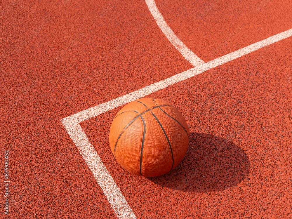 Above view sports background of orange basketball ball lying on court floor lit by sunlight, copy space Above view sports background of orange basketball ball lying on court floor lit by sunlight, copy space