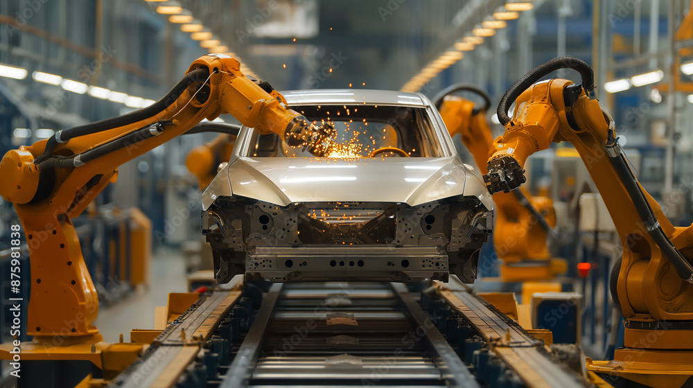 Automated robotics futuristic electric car production factory with production and efficiency statistics
Automated robotics futuristic electric car production factory with production and efficiency statistics