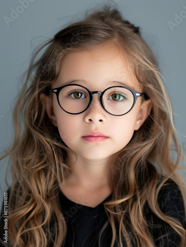 Adorable little girl with glasses and long hair captured in a closeup shot.