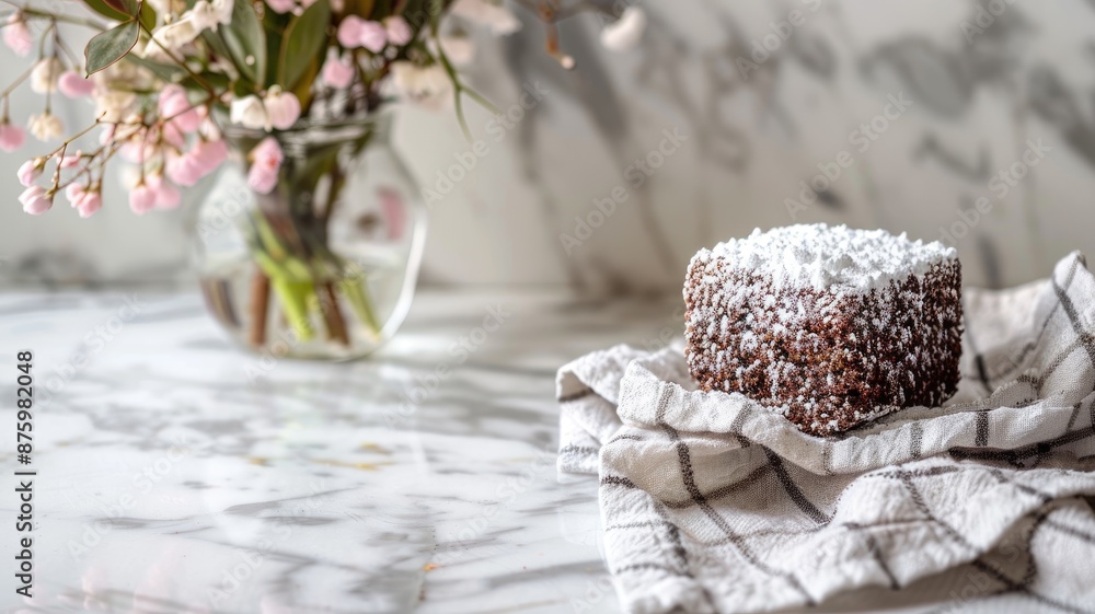 Chocolate cake dusted with powdered sugar on marble counter vase of flowers Chocolate cake dusted with powdered sugar on marble counter vase of flowers