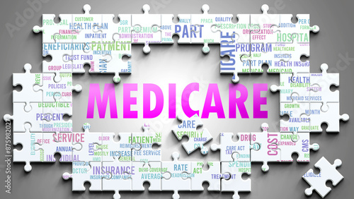 Medicare as a complex subject, related to important topics. Pictured as a puzzle and a word cloud made of most important ideas and phrases related to medicare. ,3d illustration photo