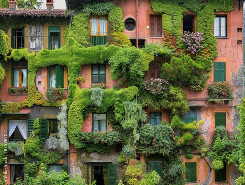 facade of old Milan building covered with plants and flowers, creating living walls with contrasting colors and green shutters, detailed photograph of lush vegetation © Nadin Faust