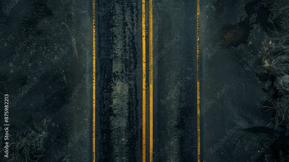 A top view of a straight road segment dark asphalt with perfect double yellow lines down the middle surrounded by an empty landscape created using aerial photography style sharp lines uniform road