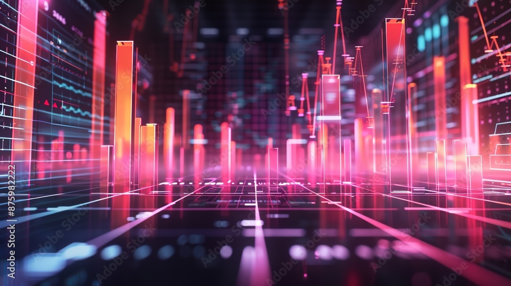 Dynamic Financial Growth Visualization in 3D with Data Points and Charts on Spacious Background Dynamic Financial Growth Visualization in 3D with Data Points and Charts on Spacious Background