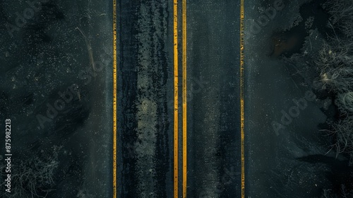 Obraz na płótnie A top view of a straight road segment dark asphalt with perfect double yellow lines down the middle surrounded by an empty landscape created using aerial photography style sharp lines uniform road w salonie