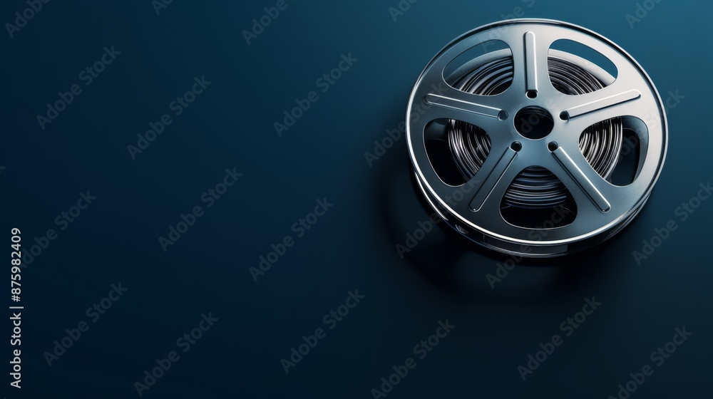 Obraz premium A silver film reel on a dark blue background representing the motion picture industry