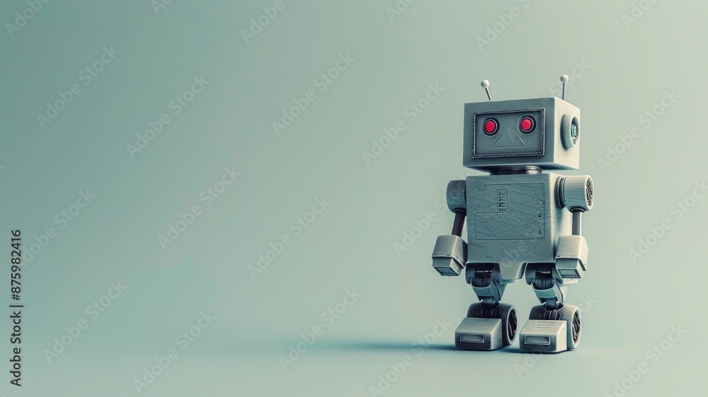 Fototapeta premium Small vintage robot with red eyes stands on plain surface