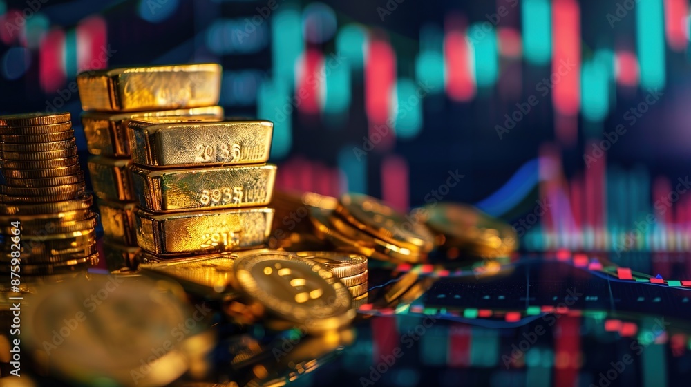 Wealth Management Concept: Gold Bars and Coins on Stock Market Data Screen Wealth Management Concept: Gold Bars and Coins on Stock Market Data Screen