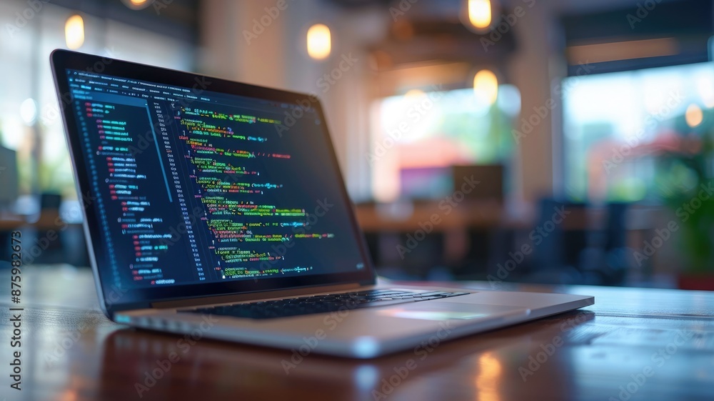 Open laptop with code on screen in modern office Open laptop with code on screen in modern office