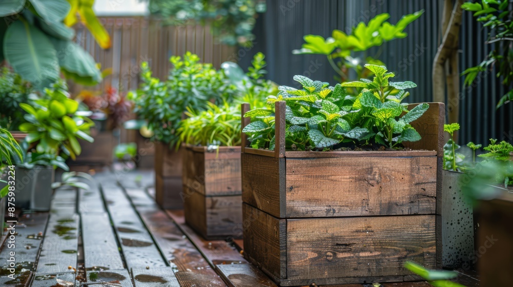 A garden with wooden planters and a variety of plants photo realistic A garden with wooden planters and a variety of plants photo realistic