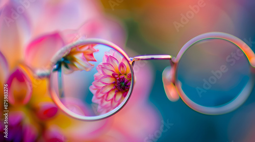 A close up of a flower with a pair of glasses on top of it