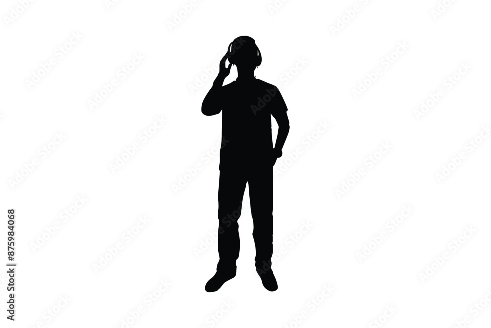 Young man standing with earphone silhouette vector.
Young man standing with earphone silhouette vector.