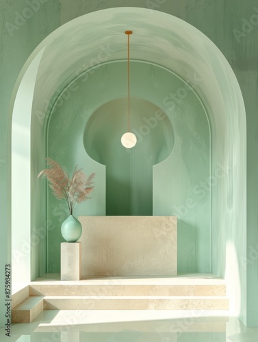 3d animation about symmetry geometry and light in the style of light green and light beige minimalist stage designs minimalist ceramics deco pop decorative style light emerald and light