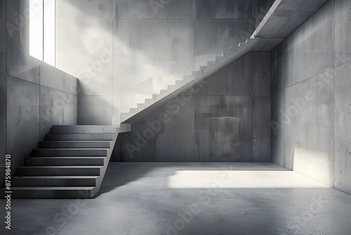 abstract empty modern concrete room with stairs indirect light from the left and rough floor industrial interior background template © john