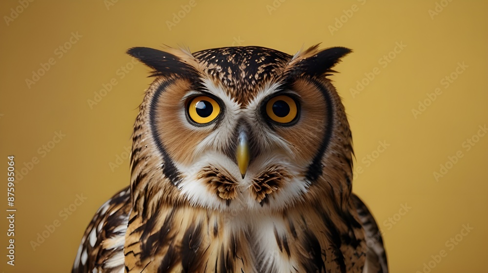 Fototapeta premium Studio Portrait of Surprised Owl Isolated on Yellow Background,nocturnal bird, wildlife photography, owl species, bird conservation, owl close-up