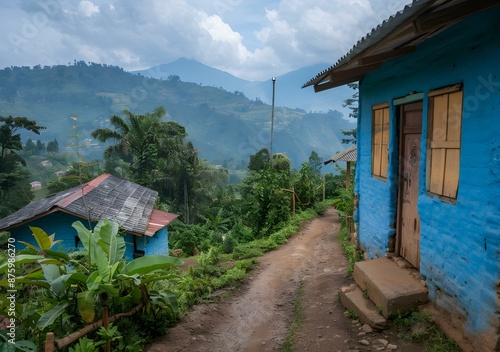 Small blue house in a lush green valley with misty mountains in the background