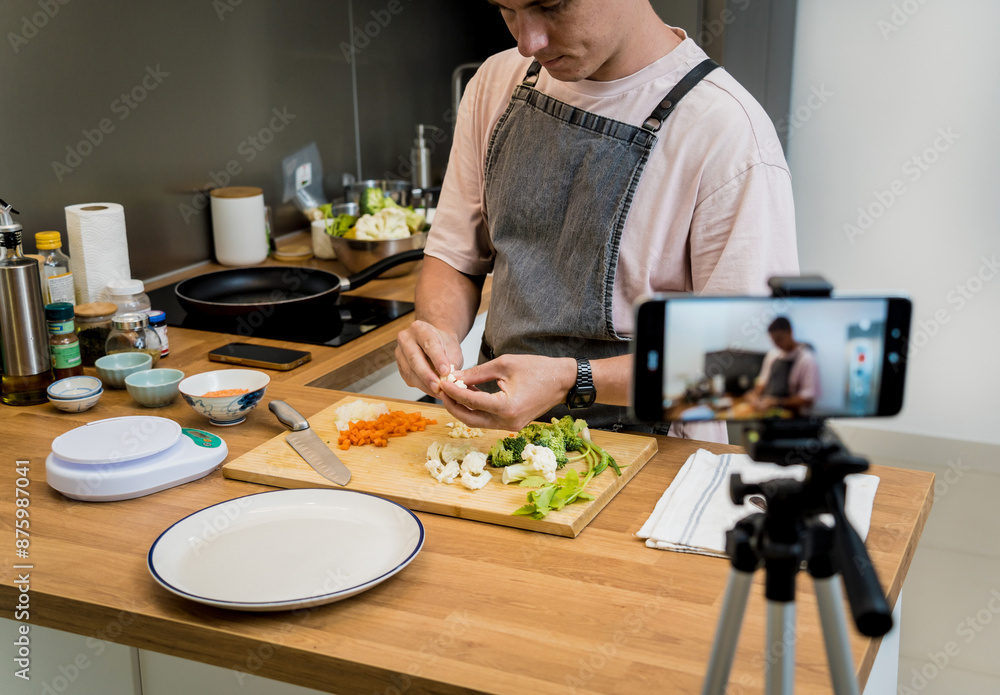 The chef is broadcasting live from workshop how to prepare a vegetarian lentils soup The chef is broadcasting live from workshop how to prepare a vegetarian lentils soup