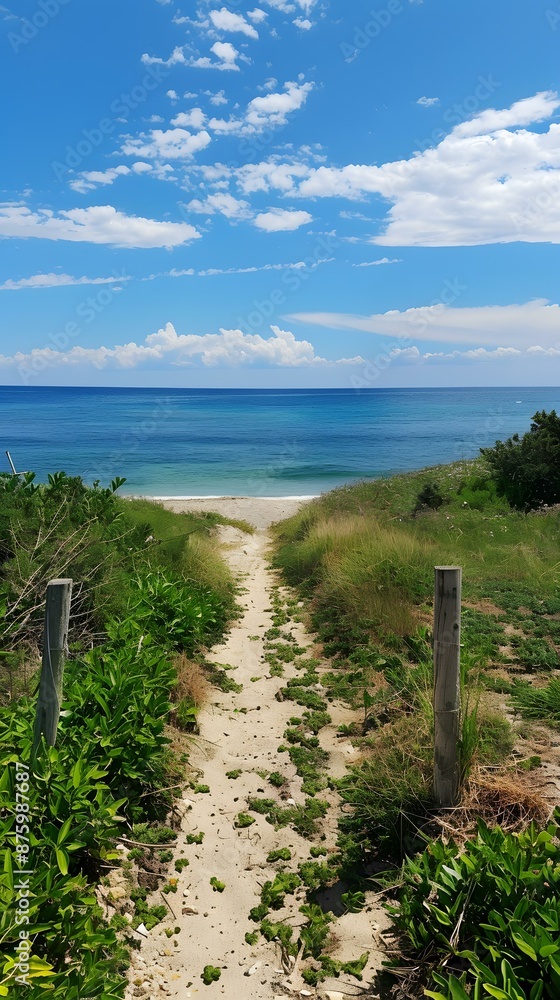 Sandy path to the sea between green bushes Sandy path to the sea between green bushes