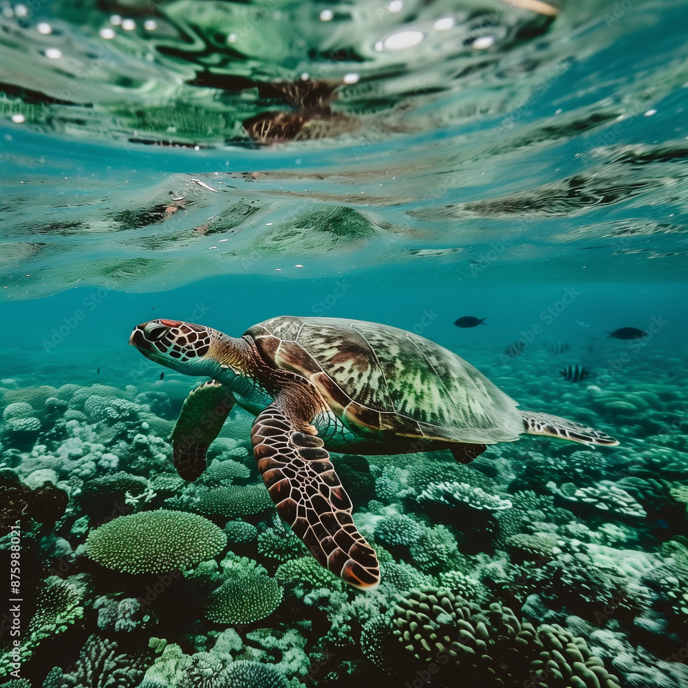 Fototapeta premium Sea turtle swimming under the sea.