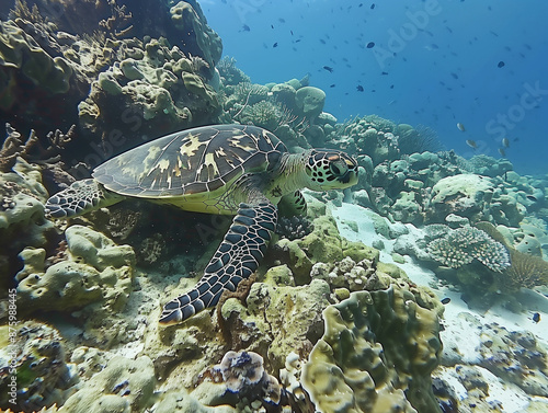 Sea turtle swimming next to coral reef.