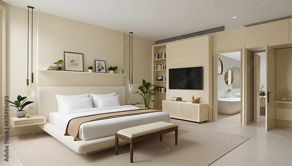 Fototapeta premium Model of the main bedroom in light brown, minimalist style.