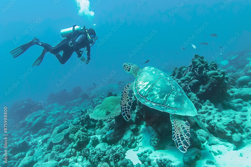 Fototapeta premium Sea turtle swimming with scuba diver.