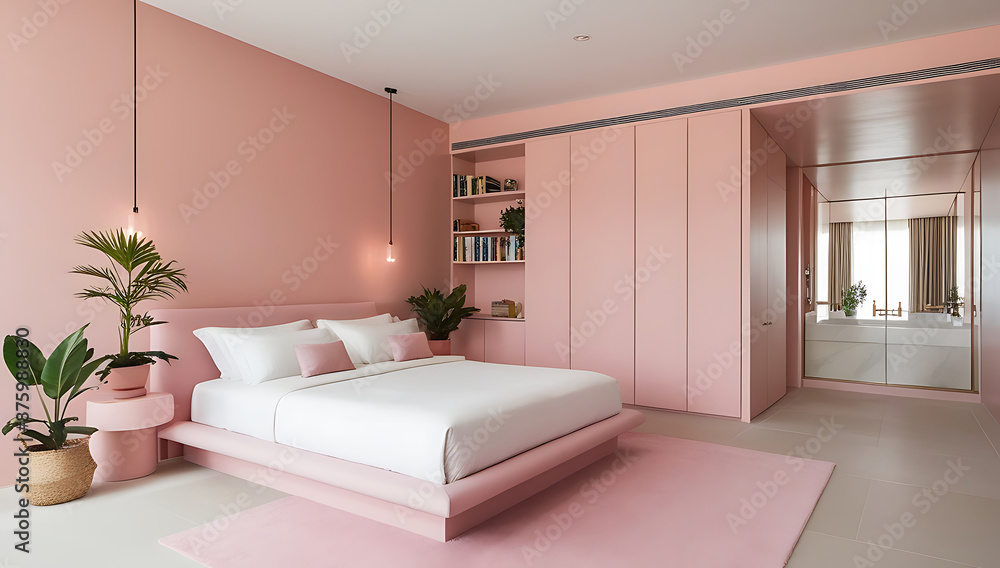 Model of the main bedroom in light pink, minimalist style. Model of the main bedroom in light pink, minimalist style.