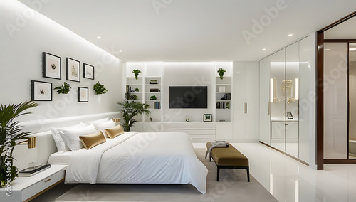 Model of the main bedroom in pearl white, minimalist style.