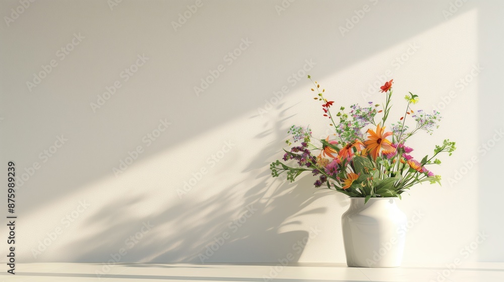 Fototapeta premium A bouquet of flowers by white wall.