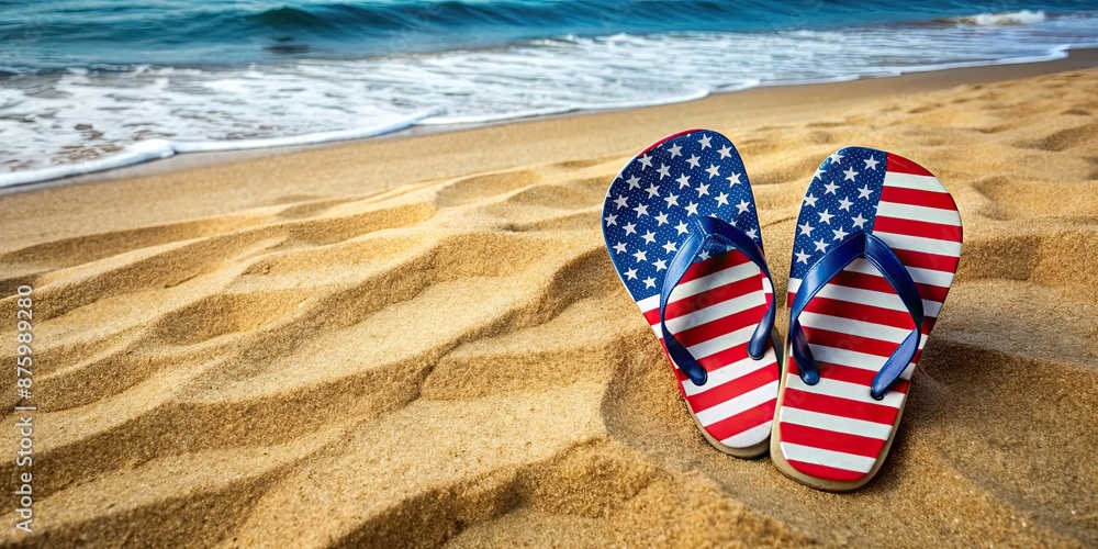 Labor Day background with flip flops on sandy beach, USA patriotic theme, Labor Day, USA, background
