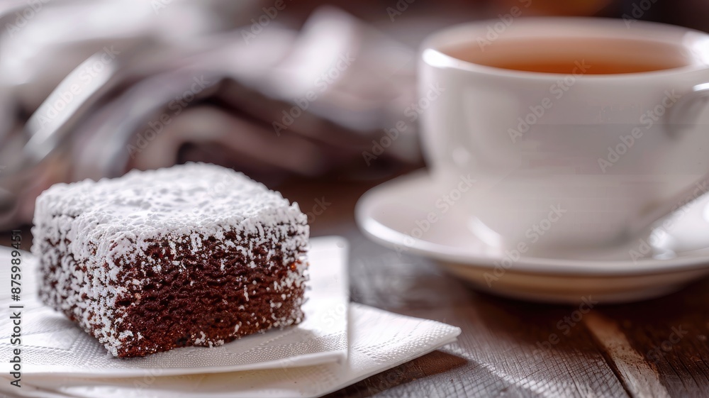 Chocolate brownie with powdered sugar beside cup of tea on wooden table Chocolate brownie with powdered sugar beside cup of tea on wooden table