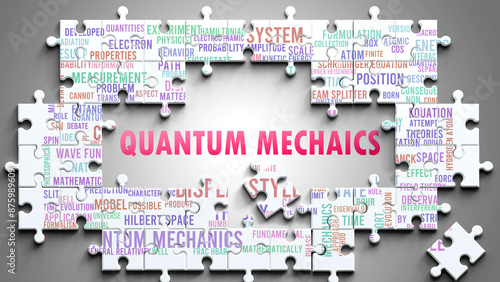 Quantum Mechaics as a complex subject, related to important topics. Pictured as a puzzle and a word cloud made of most important ideas and phrases related to quantum mechaics. ,3d illustration photo