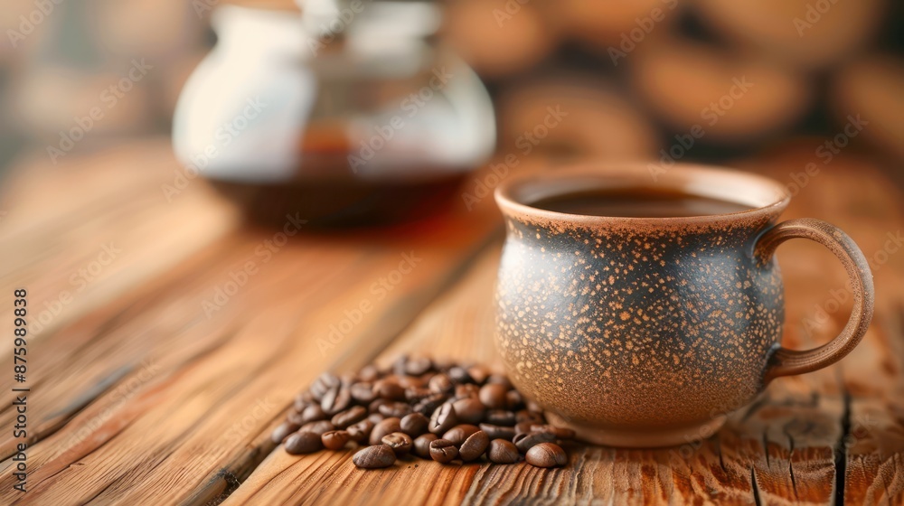 A Rustic Mug Filled with a Rich and Strong Brew, Inviting Aroma of Freshly Roasted Coffee Beans, A Perfect Start to Your Day A Rustic Mug Filled with a Rich and Strong Brew, Inviting Aroma of Freshly Roasted Coffee Beans, A Perfect Start to Your Day