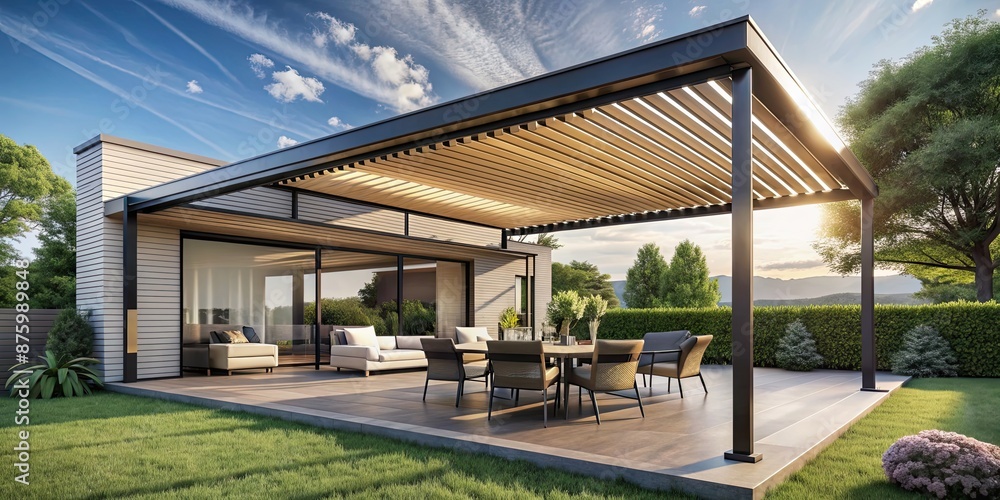 Trendy outdoor patio pergola shade structure with a modern awning and ...