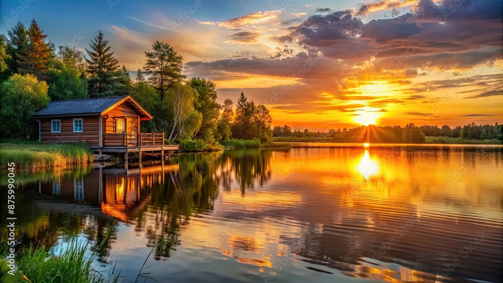 Sunset casting a warm glow over a tranquil lake with a cozy home in summer , sunset, lake, home, summer, tranquil, warm glow Sunset casting a warm glow over a tranquil lake with a cozy home in summer , sunset, lake, home, summer, tranquil, warm glow