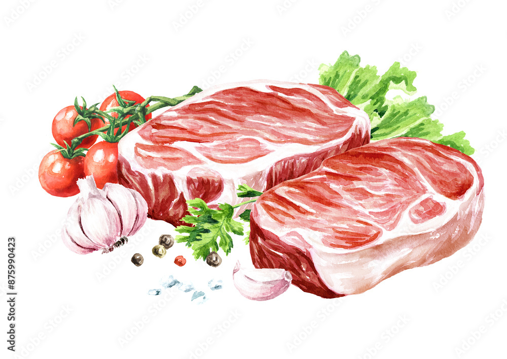 Raw beef steakes, food concepts. Hand drawn watercolor illustration isolated on white background