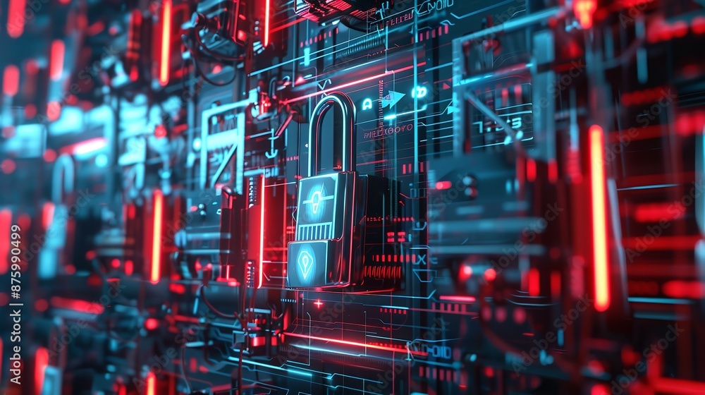 Fototapeta premium padlocks with, vivid blue and red neon lights reflecting a modern, secure network environment. themes related to cybersecurity, digital encryption, and network protection.