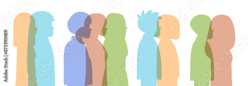 Row of people silhouettes side view vector illustration. Abstract diverse person portraits