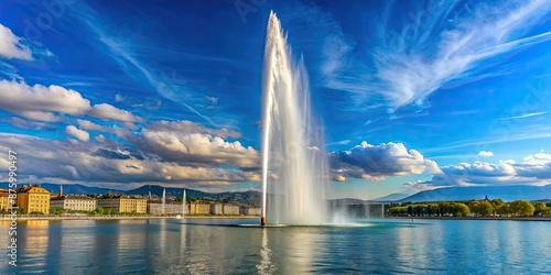 Jet d'Eau fountain in Geneva lake with water jetting high into the air, Geneva, Switzerland, landmark, water photo