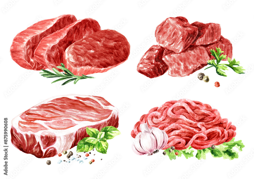 Raw fresh organic farm beef steak and minced meat set. Cooking food concepts. Hand drawn watercolor illustration isolated on white background Raw fresh organic farm beef steak and minced meat set. Cooking food concepts. Hand drawn watercolor illustration isolated on white background