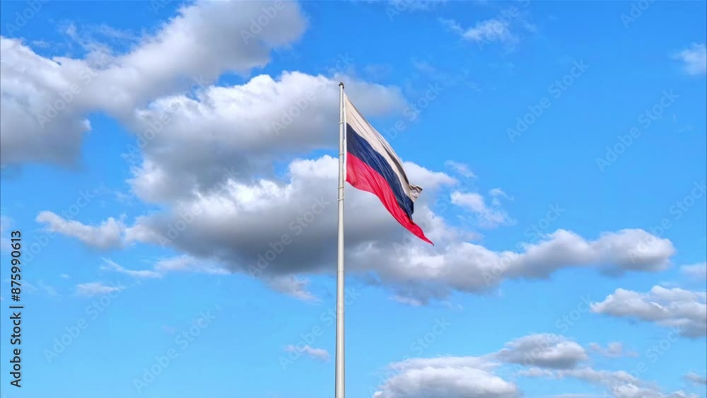 The Russian flag flutters in the wind against the blue sky. The Russian flag flutters in the wind against the blue sky.