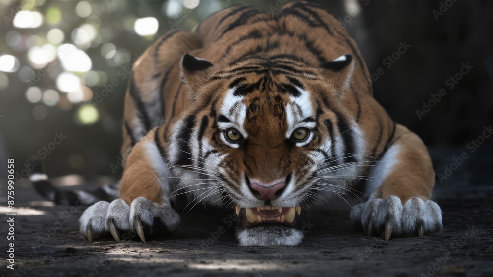 Obraz premium A tiger with its mouth open and teeth showing on the ground, AI