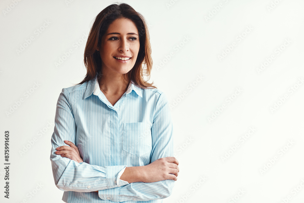 Corporate, woman and thinking with confidence in studio for career in logistics as supply chain manager or supervisor. Business professional, arms crossed and white background for production planning