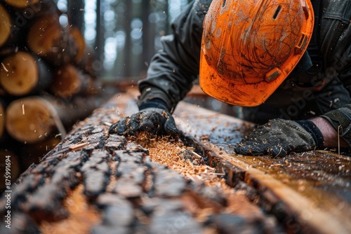 A detailed scene of a craftsman meticulously working on a piece of wood, wearing protective gear and surrounded by wood shavings in an industrial workshop setting. photo